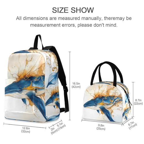 Backpack Lunch Box Set Large Capacity Travel Backpacks and Insulated Lunch Bag for Commute Hiking Picnic Artwork Whale Print2