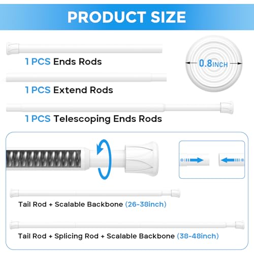 Image of 6 Pack Tension Rods for Windows 28 to 48 inch, Adjustable Curtain Rods No Drilling Spring Rods Extendable Pressure DIY Tension Rod for Window Closet Kitchen, White