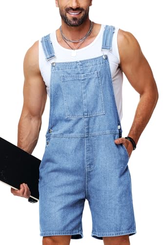 Arankhiger Adult Men's Bid Short Overall Side Pockets Denim Bib Jumpsuits Light Blue Mechanic Overalls for Work 2XL