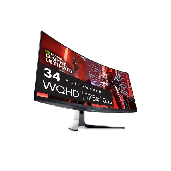 Alienware AW3423DW Curved Gaming Monitor 34.18 inch Quantom Dot-OLED 1800R Display, 3440×1440 Pixels at 175Hz, True 0.1ms Gray-to-Gray, 1M:1 Contrast Ratio, 1.07 Billions Colors – Lunar Light