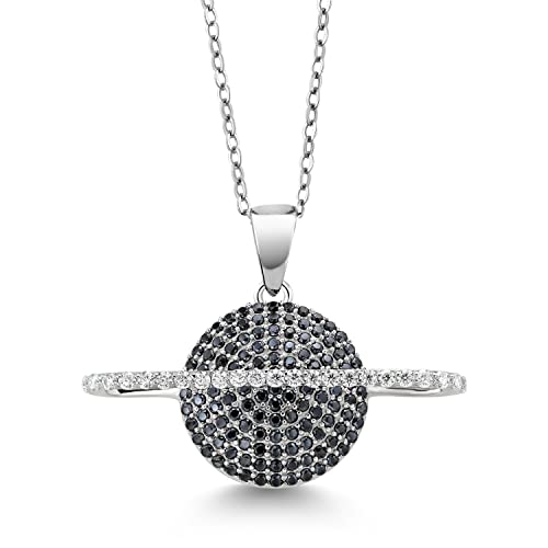 Gem Stone King Keren Hanan Planet Saturn Energy 925 Sterling Silver White Moissanite and Black Spinel Pendant Necklace For Women (1.12 Cttw, 28X14MM, with 18 Inch Silver Chain)