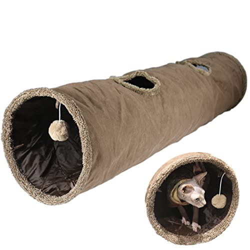 Image of Cat Tunnel for Indoor Cats, 51x12 inch Foldable Big Cat Tunnel, Brown Suede Pet Tunnels with Two Peepholes and a Bubble Ball