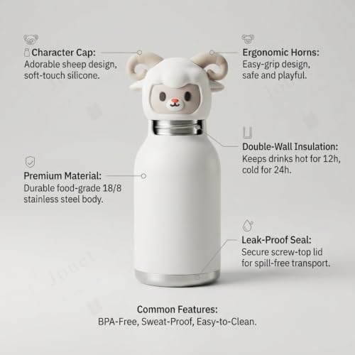 Image of JOUET Cute Sheep Kids Water Bottle 280ml, Stainless Steel Leakproof Drinking Bottle for School, Travel, Sports & Daily Use
