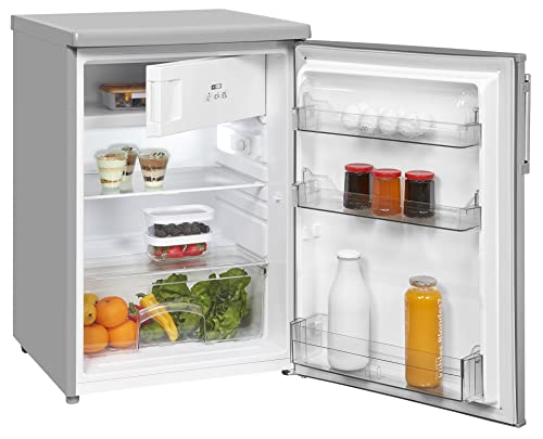 Exquisit® Frigorífico Table Top,109L, Clase E, Material Acero Inox, Estantes de Cristal, Puerta Reversible, Cajón Verdulero, Regulación de Altura, Consumo 139 kWh/año, Medidas 85.5x55x57 Cm.