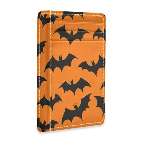 JUNZAN Slim Wallet Card Holders for Men Women Halloween Bats Orange Black Minimalist Front Pocket Wallets Small Card Case RFID Blocking
