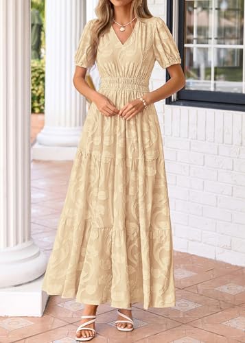 Image of KIRUNDO Summer Dresses for Women 2026 Boho Flowy Casual Short Sleeve V Neck Elastic Waist Floral Long Baby Shower Maxi Dress