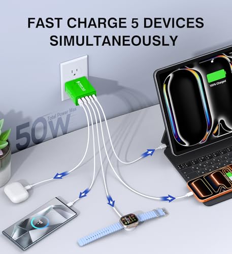 Image of USB C Wall Charger, 50W USB C Charger Block 5-Port PD Fast Charging Blocks,USB A Multiport Plug Brick Cube,Dual Type C Power Adapter for iPhone 17 /16 /15 /14 /13 /Pro,iPad,Samsung,for Switch(Green 2-Pack)