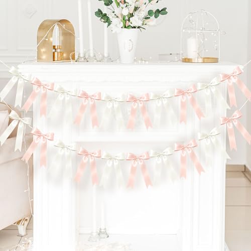 Image of NatNarr 2 Pcs White and Pink Bow Garland, Satin Ribbon Valentines Day Decorations Pre-Strung Bow Garland Party Banner for Wedding Birthday Baby Bridal Shower