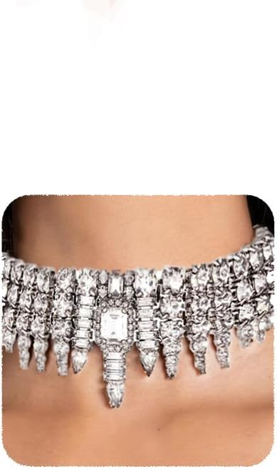YERTTER Dainty Silver Full Rhinestone Chain Sparkly Collar Chain Choker Statement Tassel Crystal Choker Necklace Adjustable for Party Music Bar Women (Silver 4)