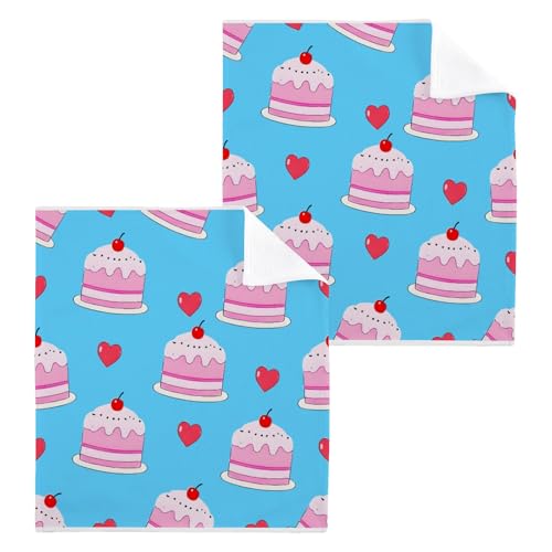 ALAZA Wash Cloth Set 100% Cotton Fingertip Towels Face Cloths Sets Cherry Cake Blue Highly Absorbent Soft Feel Set of 2