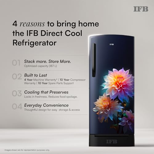 Image of IFB 187L 5 Star Advanced Inverter Direct-Cool Single Door Refrigerator with 30 Hrs Cooling Retention, Big Vegetable Box, 4 Year Super Warranty & Base Stand (2026, IFBDC-213EYBNED, Divine Bliss Blue)