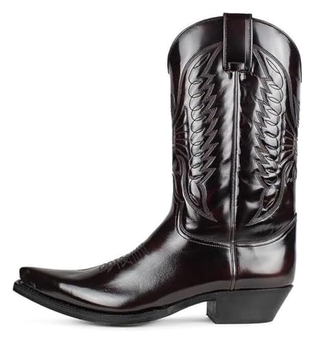 Cowboy Boots Men Boots Pointed Toe Vintage Square Toe Chunky Block Heel Pointed Mid-Calf Leather Western Boots Men's Fashionable Western Boots