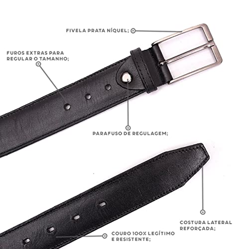 Cinto Masculino Couro Legítimo Social Extra Macio Premium Largo (Preto, 110 cm)