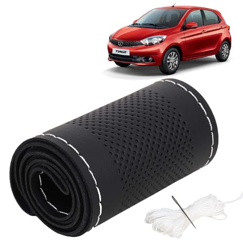 Image of KINGSWAY PU Leatherite Car Steering Cover Sewable Compatible with Tata Tiago (Year 2016-2020), Black Color with Silver Thread, Pack of 1 with Sewing Needle and Thread