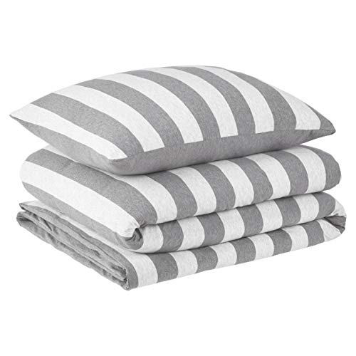 Amazon Basics - Bettwäsche-Set, Jersey, breite Streifen, 135 x 200 cm / 80 x 80 cm, Grau - Image 3
