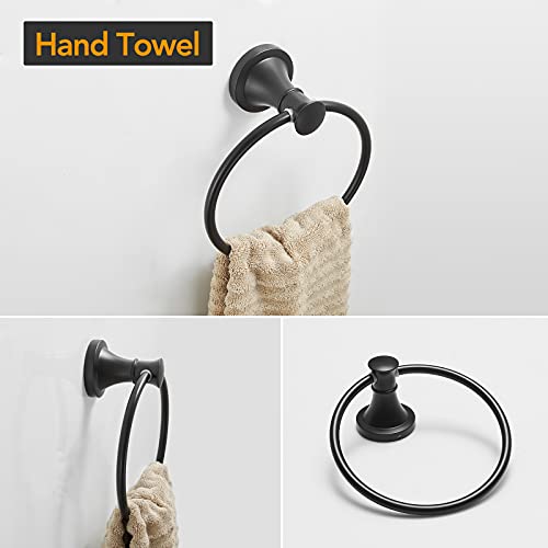 Besy Matte Black 4 Piece Bathroom Accessories Set (Single Towel Bar, Towel Ring, Toilet Paper Holder, Double Towel Hooks), Wall Mounted Bath Hardware Accessory Fixtures Rack Set #TOP2