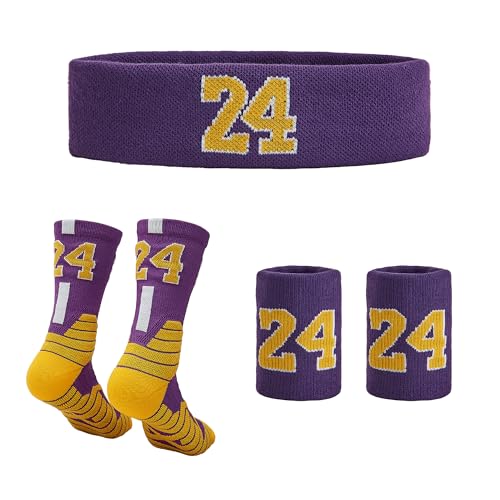 MKEUJSO Mens Basketball Socks Sports Sock for Women Athletic Socks& Wristband& Headband Fans Gift (L#24 purple)