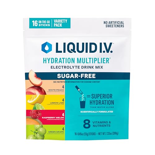 liquid iv hydration multiplier sugar-free variety pack - raspberry melon lemon lime white peach green grape variety pack
