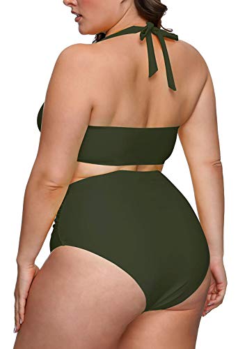 Conjunto de biquíni feminino de cintura alta com 2 peças da Pink Queen, 01 - Verde militar, XXL
