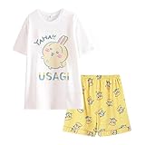 Satdflie Mujeres Chiikawa Pajama Conjunto para Las niñas 2 Piezas de Manga Corta con Pantalones Cortos PJ Set Impresión de Dibujos Animados Ropa de Noche Algodón Salón Set, Amarillo/1, M