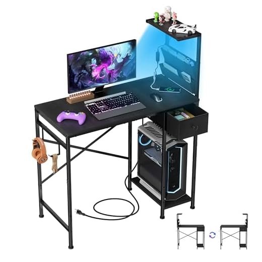 33.7 Inch Small Gaming Desk Table with LED Lights & Power Outlets, Compact L Shaped Gaming Computer Desk with CPU Stand, Drawer & Storage, Corner PC Desk for Kids, Home Office , Bedroom, Black