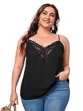 Romwe Women's Plus Size Casual Cami Tank Spaghetti Strap Camisole Pleated Scoop Neck Sleeveless Tops Lace Black 3XL