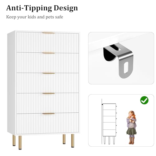 GarveeHome 5 Drawers Dresser for Bedroom, Fluted Dresser Chest of Drawers with Handle, Wood Modern Dressers for Closet, Bedroom Furniture Storage Organizer for Living Room, Hallway