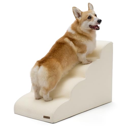 LE SURE Dog Stairs for Large Dogs Pet Steps Ramp for High Bed and Couch with CertiPUR-US Certified Foam with Non-Slip Bottom, Beige, 4 Steps