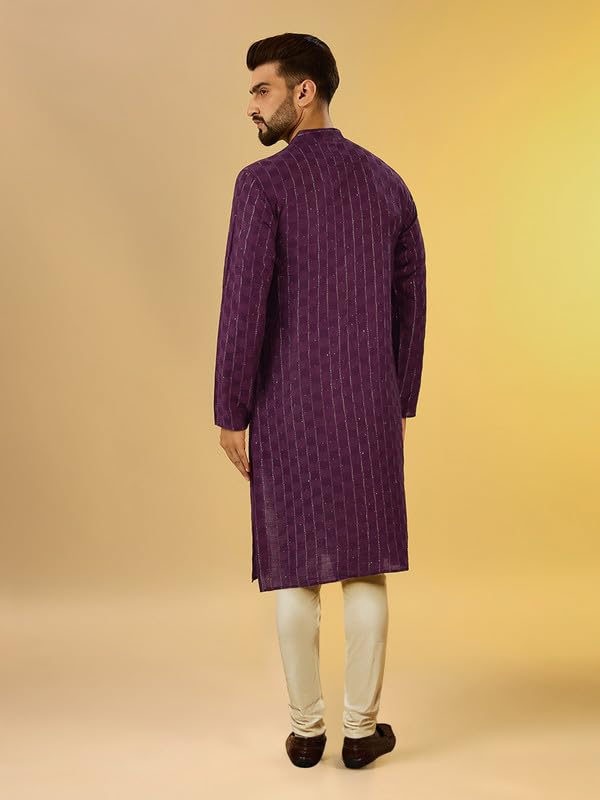 Image of KISAH Men's Kurta Churidar Set, Burgundy Pure Cotton, Embroidered Regular Fit Mandarin Collar Long Sleeves (S)