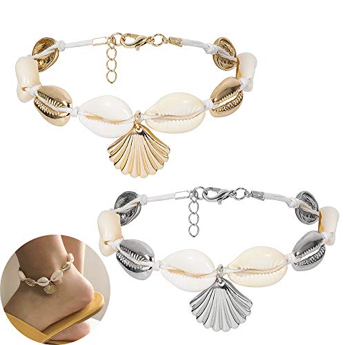 Preisvergleich Produktbild Daimay 2PCS Natürliche Muschelketten Handgemachte Kauri Muschel Fußkettchen Strand Barfuß Sandalen Böhmische Knöchelkette Armbänder Fußschmuck Kette Böhmen - Gold und Silber