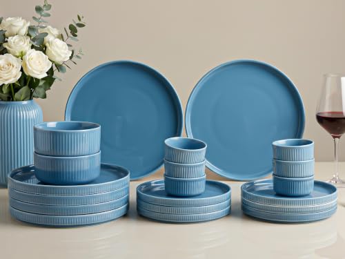 Image of Bodhi House 20-Piece Ribbed Porcelain Dinnerware Set | Quarter Plates, Katori & Serving Bowls, Chip Resistant, Lightweight, Microwave & Dishwasher Safe Crockery Set, True Blue