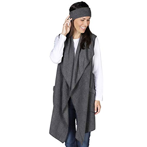 Le Moda Womens Pocketed Open Front Fleece Vest Cardigan w/Matching Headband (ONE Size, Grey)