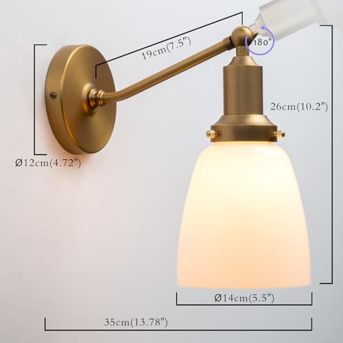 Image of Industrial Vintage Slope Pole Wall Mount Single Sconce with 5.5 inch Oval Dome Milk White Glass Shade Wall Sconce Light Lamp Fixture (Antique)