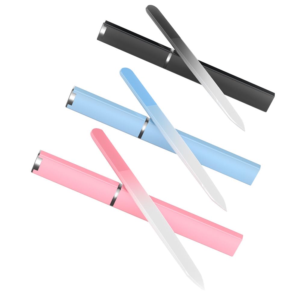 3 Pack Glass Nail Files with Case, Ultra Quality Professional Fingernail Files, Double Sided Premium Nail Filer for Natural, Pedicure, Artificial, Fake Nails