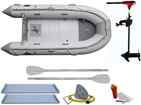 RibRave 12ft Inflatable Boat with 46lb thrust Trolling Motor, Aluminum Floorboards, Two Oars, Foot Pump, Two Seats and Repair Kit