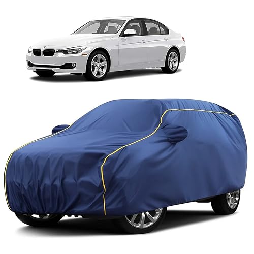 Image of Sulfar 100% Water Resistant Car Body Cover Compatible with Mirror for BMW 328i (Triple Stitched, Full Bottom Elastic, Blue Taffeta with Yellow Piping)