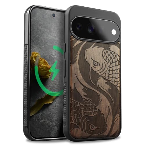 Coque Google Pixel 11 antichoc magnétique, étui de protection bois noyer compatible Magsafe