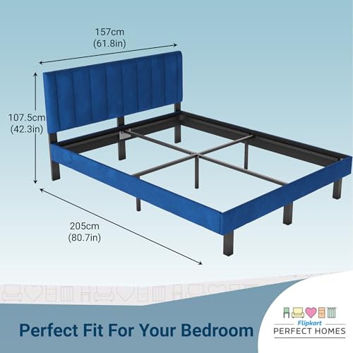 Image of Wooden Modern Upholstered King Size Bed for Bedroom | Wooden Double Bed Without Storage | Platform Cot Upholstered Bed with Upholstery Fabric | Engineered Wood | 6.5 x 6 Ft | Blue-A