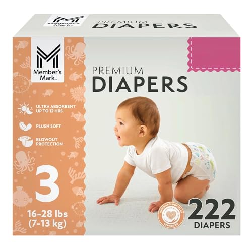 Member's Mark Premium Baby Diapers, Size 3 (16-28 Pounds), 222 Count