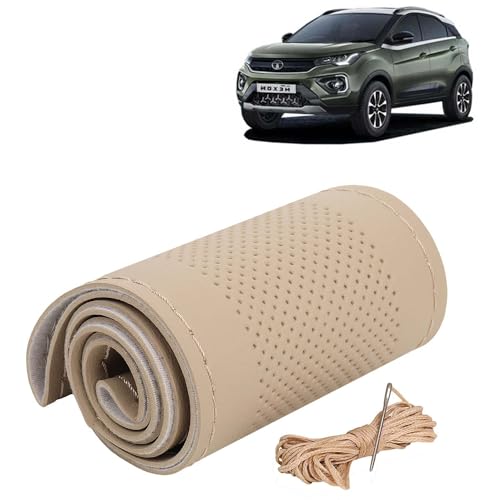 Image of KINGSWAY PU Leatherite Car Steering Cover Sewable Compatible with Tata Nexon (Year 2020-2023), Beige Color with Beige Thread, Pack of 1 with Sewing Needle and Thread