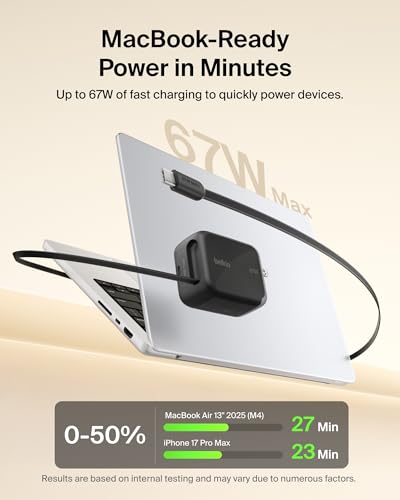 Image of Belkin 67W GaN USB C Retractable Charger Block Fast Charging for Travel