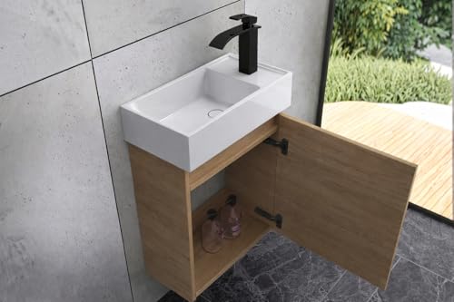 Faizee Home | Badmöbel Set Eiche – Waschtisch mit Unterschrank & Keramik-Waschbecken | Inkl. Wasserfall-Armatur in Schwarz | Modernes Badezimmermöbel mit elegantem Design