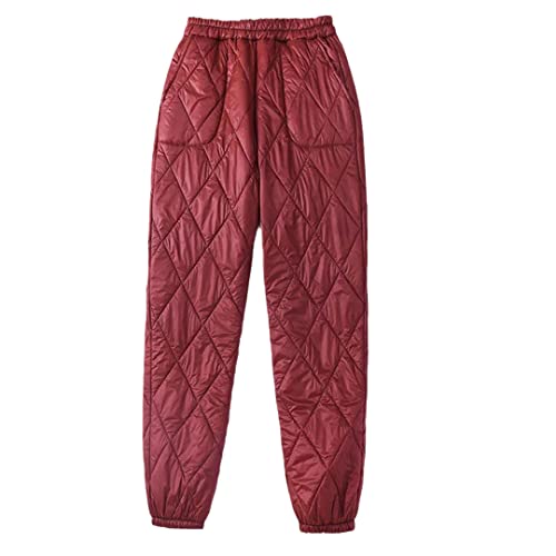 Pantalon en duvet rouge anti-froid pour femme | Coupe ample taille haute élastique L