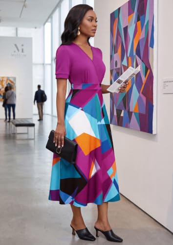 Image of MarryUP Women's Midi Dresses - V Neck Cocktail & Church Tea Dresses - Short Sleeve A-Line Swing Dress