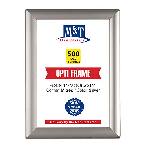M&T Displays Opti Snap Poster Frame 8.5X11 Inch Silver 1" Aluminum Profile Front Loading Wall Mounting Photo Picture Document Certificate Sign Holder Mitered Corner Anti Glare Cover (500 Pack) #TOP12