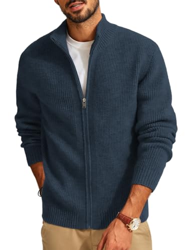 PJ PAUL JONES Chaqueta de punto para hombre de punto acanalado cárdigan de manga larga chaqueta de invierno de punto fino suéter con cuello alto y cremallera, azul oscuro, S