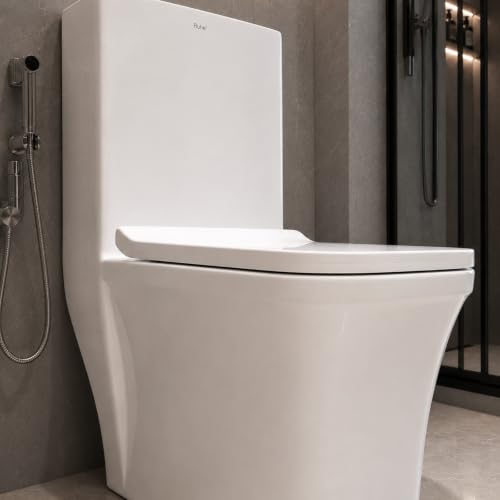 Image of KrissKross Siphonic Flush Western Commode, One Piece Floor Mounted Toilet with S-Trap | Rimless Ceramic WC with Soft Close Seat Cover | Powerful Flush Commode for Bathroom