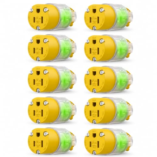 10 Packs Lighted Extension Cord Ends Replacement Female Plug 3 Prong 15A 125V NEMA 5-15R, Electrical Replacement Plug,Female Extension Cord Ends, 15 Amp Electric Plugs, UL Listed,Yellow