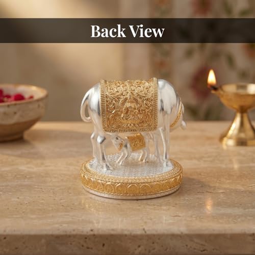 Image of 24K Gold and 999 Pure Silver Plated Kamdhenu Cow Idol - 6 Inch Auspicious Vastu Home Decor for Pooja Room and Mandir - Sacred Two-Tone Symbol of Prosperity and Success