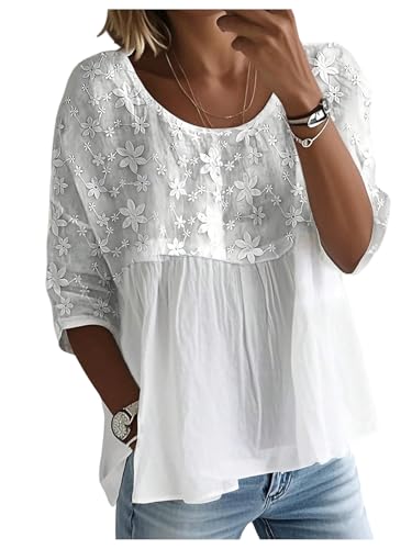 GORGLITTER Women's Embroidered Boho Babydoll Tops Floral 3/4 Sleeve Peplum